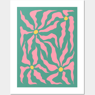 Groovy abstract flowers, Green pink retro print, 90s, Indie decor, Cottagecore, Flower market Posters and Art